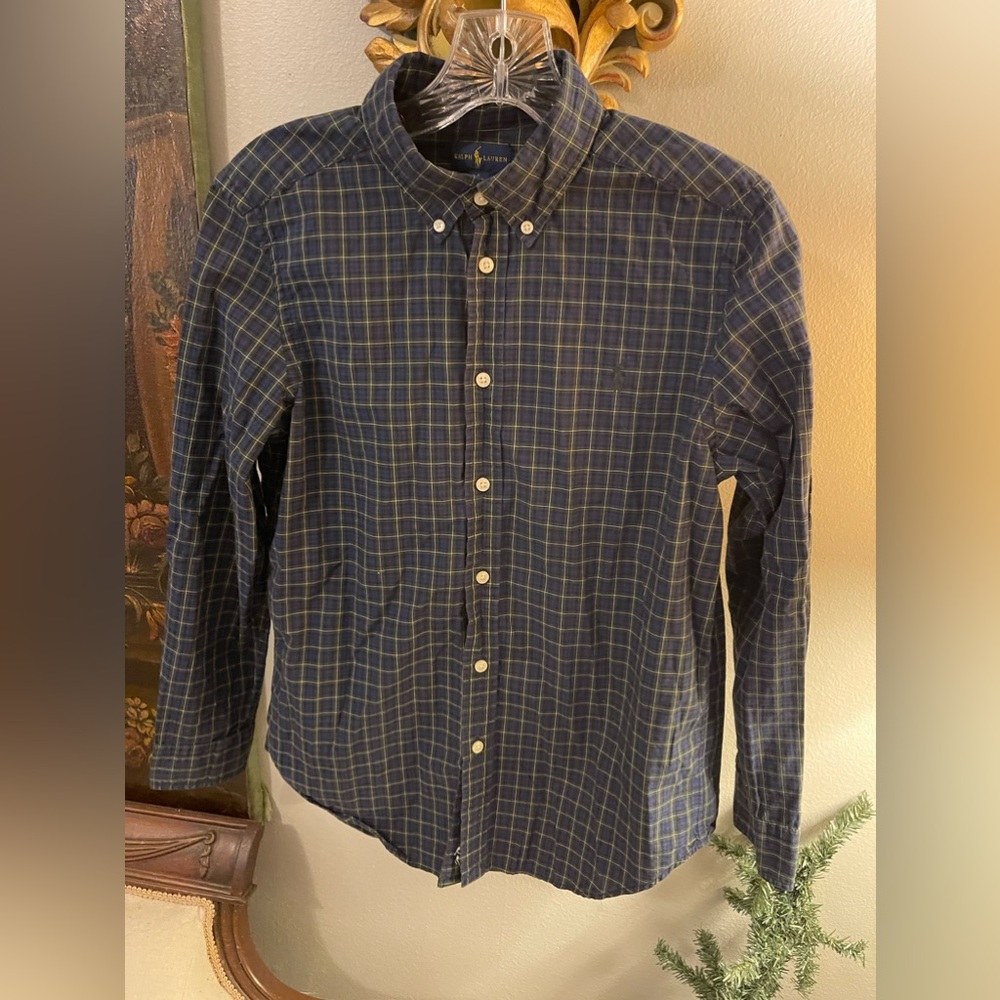 Youth boys L Ralph Lauren polo button down green navy plaid -